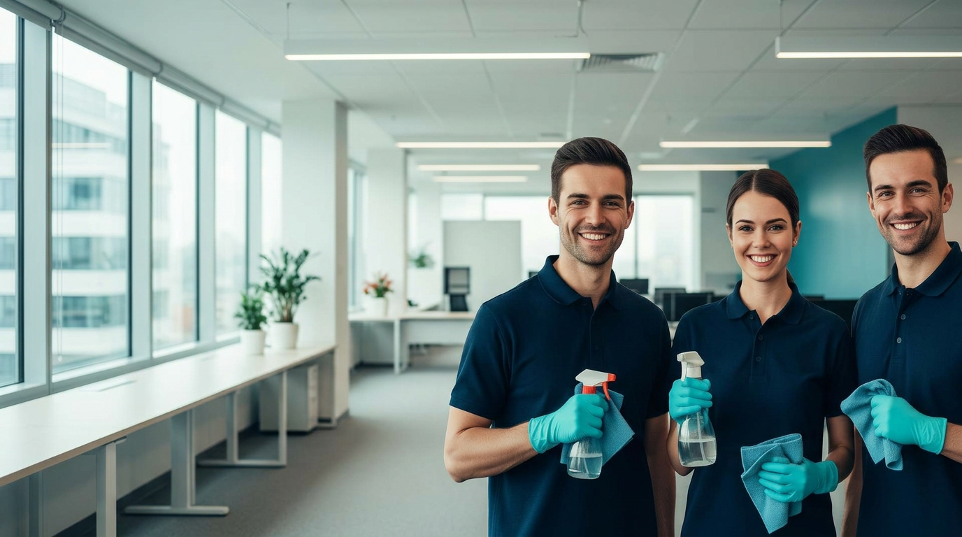 Professional KCC cleaning team in navy uniforms inside a modern office